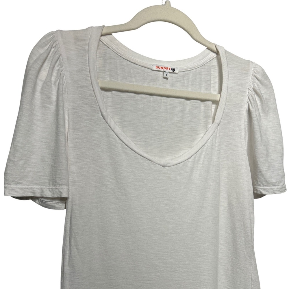 Sundry Puff Sleeve V- Neck Pima Cotton T-Shirt White Sundry Sz 1 (Small 4-6) EUC